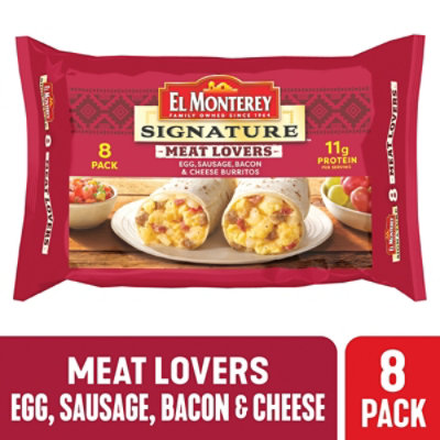 El Monterey Signature Meat Lovers Egg Sausage Bacon & Cheese Breakfast Burritos 8 Count - 36 Oz