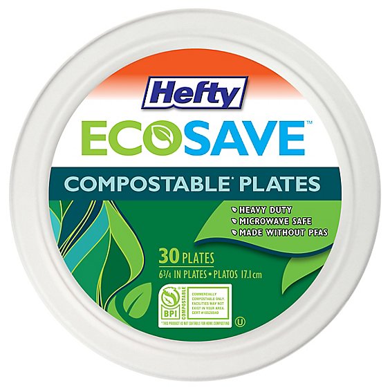 Hefty ECOSAVE 100% Compostable Plates Round 7 Inch White - 30 Count