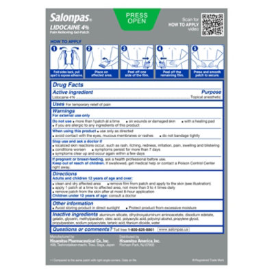 Salonpas Pain Relieving Gel-Patch Lidocaine 4% Maximum Strength Unscented - 6 Count - Image 5