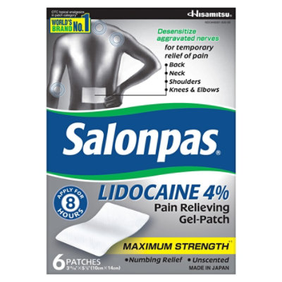 Salonpas Pain Relieving Gel-Patch Lidocaine 4% Maximum Strength Unscented - 6 Count - Image 1