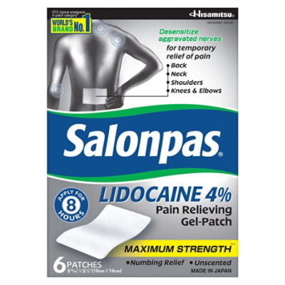 Salonpas Pain Relieving Gel-Patch Lidocaine 4% Maximum Strength Unscented - 6 Count