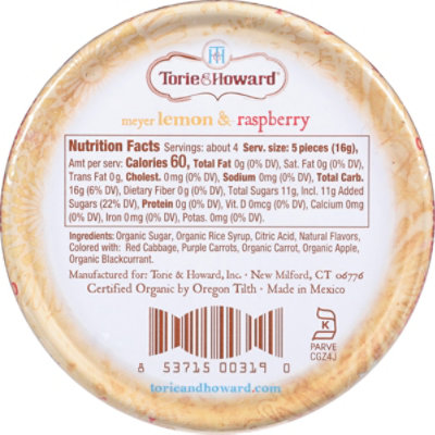 Torie & Howard Lemon & Raspberry Organic Hard Candy Tin - 2 Oz - Image 2