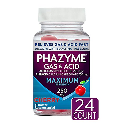Phazyme Gas & Acid Anti-Gas Maximum Strength Coated Chews Cherry Flavor - 24 Count