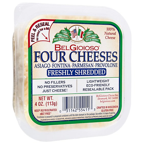 BelGioioso Natural Shredded Four Cheeses Asiago Fontina Parmesan Provolone Cup - 4 Oz
