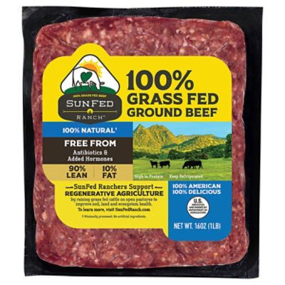 SunFed Ranch Grass Fed Beef Ground Beef Brick 90% Lean 10% Fat - 1.00 ...