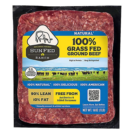 SunFed Ranch Grass Fed Beef Ground Beef Brick 90% Lean 10% Fat - 1.00 Lb