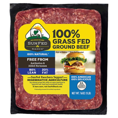 SunFed Ranch Grass Fed Beef Ground Beef Brick 80% Lean 20% Fat - 1.00 ...