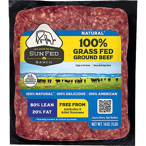 SunFed Ranch Grass Fed Beef Ground Beef Brick 80% Lean 20% Fat - 1.00 Lb