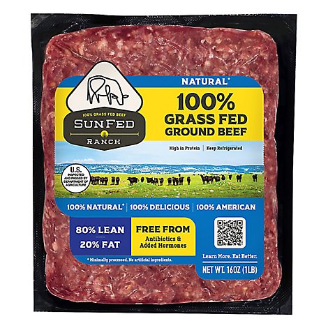 SunFed Ranch Grass Fed Beef Ground Beef Brick 80% Lean 20% Fat - 1.00 Lb