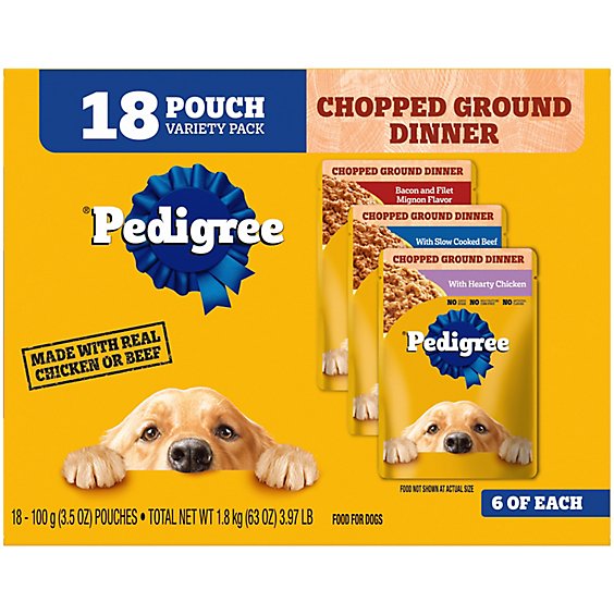 Pedigree Chopped Ground Dinner Beef/Chicken Adult Soft Wet Dog Food Pouches Variety Pk - 18-3.5 Oz