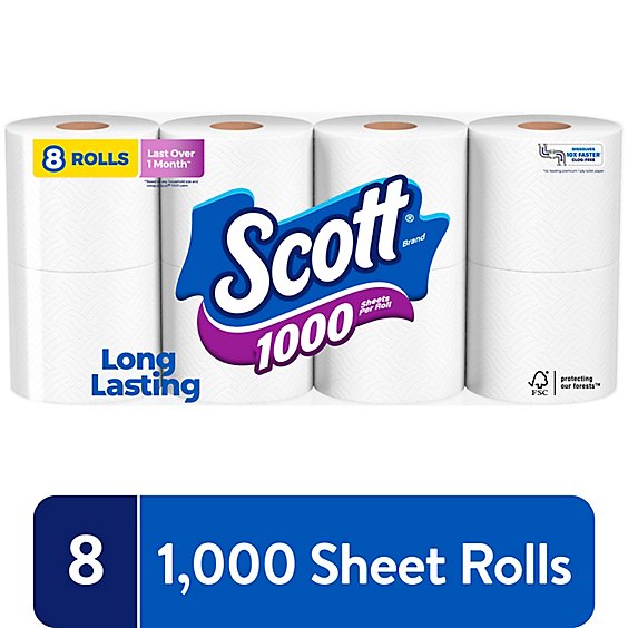 Scott 1000 Toilet Paper Regular Rolls 1 Ply Toilet Tissue - 8 Roll
