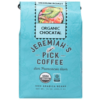 Jeremiahs Pick Coffee Ground Light Medium Organic Coffee & Cocoa Nibs Chocatal - 10 Oz