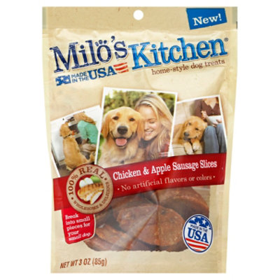 Milos Kitchen Dog Treats Home Style Chicken Apple Sausage Slices