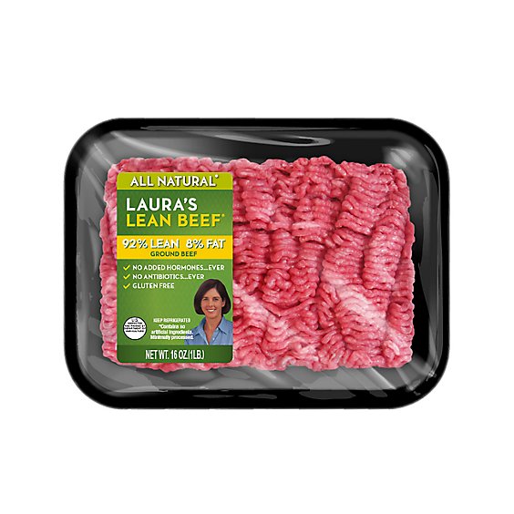 Lauras Beef Ground Beef 92% Lean 8% Fat - 1.00 LB