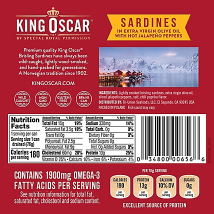King Oscar Sardines in Extra Virgin Olive Oil Double Layer With Hot Jalapeno Peppers - 3.75 Oz - Image 6