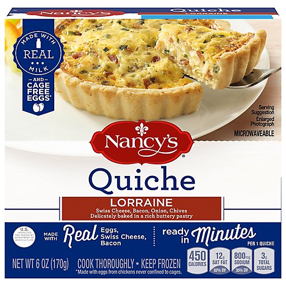 Nancy's Lorraine Quiche with Eggs Swiss Cheese Bacon Onion & Chives Frozen Meal Box - 6 Oz