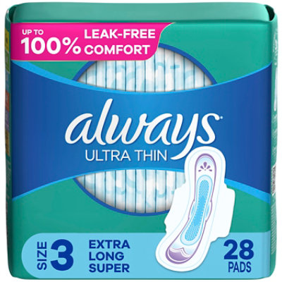 Always Ultra Thin Pads Size 3 Extra Long Super Absorbency Unscented with Wings - 28 Count