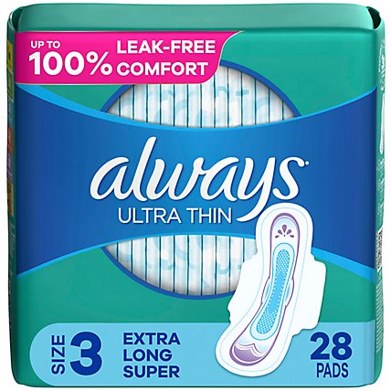Always Ultra Thin Pads Size 3 Extra Long Super Absorbency Unscented with Wings - 28 Count - Image 1