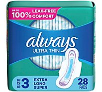 Always Ultra Thin Pads Size 3 Extra Long Super Absorbency Unscented with Wings - 28 Count