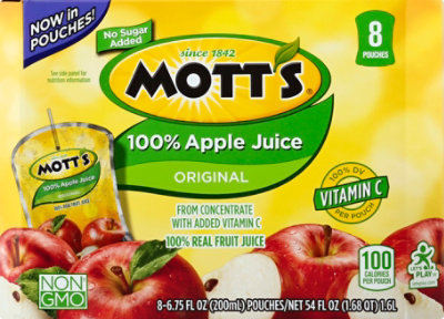 Motts Apple Juice Pouch 100% Real Fruit Vitamin C - 8-6.75 Fl. Oz.