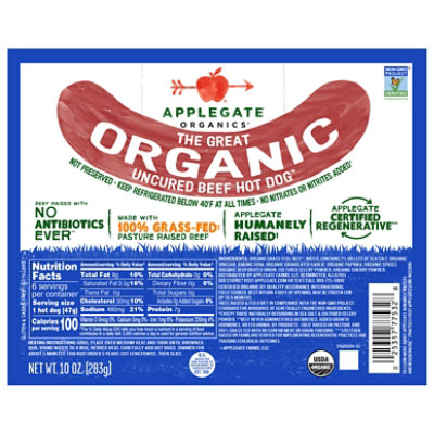 Applegate The Great Uncured Organic Beef Hot Dog - 10 Oz