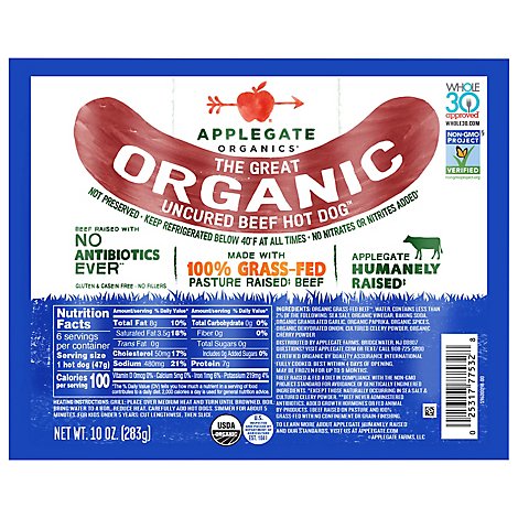 Applegate The Great Organic Uncured Beef Hot Dog - 10oz