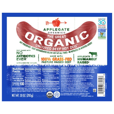 Applegate The Great Organic Uncured Beef Hot Dog - 10oz