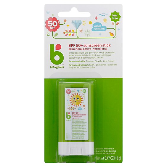 Babyganics Sunscreen Stick Broad Spectrum SPF 50+ Pure Mineral - 0.47 Oz