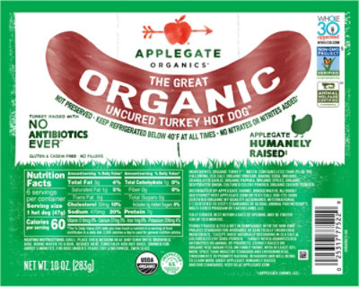 Applegate The Great Organic Uncured Turkey Hot Dog - 10oz - Image 3