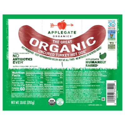 Applegate The Great Organic Uncured Turkey Hot Dog - 10oz - Image 1