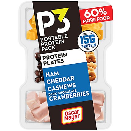 P3 Portable Protein Plate with Ham Cashews Cheddar Cheese & Chocolate Cranberries Tray - 3.2 Oz - Image 1