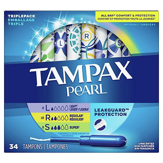 Tampax Pearl Tampons Trio Pack Light/Regular/Super Absorbency Unscented - 34 Count