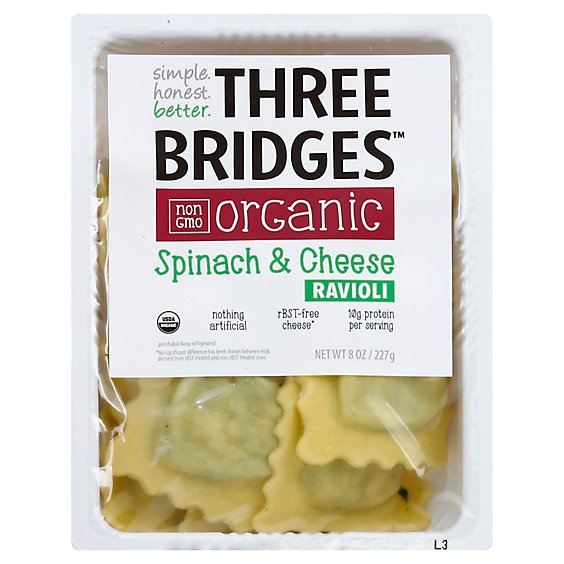 Three Bridges Organic Spinach & Cheese Ravioli - 8 Oz