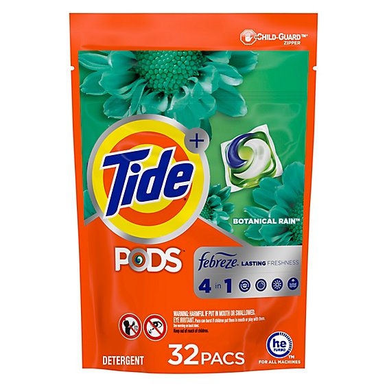 Tide + PODS Detergent Pacs 4In1 Febreze Botanical Rain Pouch - 32 Count