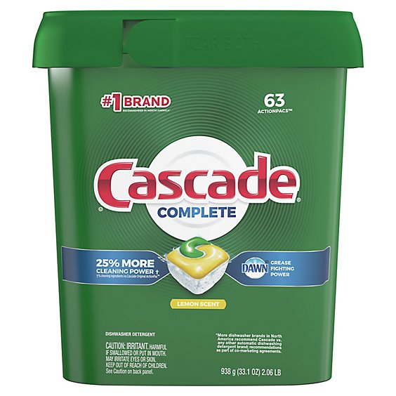 Cascade Complete Dishwasher Pods ActionPacs Dishwasher Detergent Tabs Lemon Scent - 63 Count