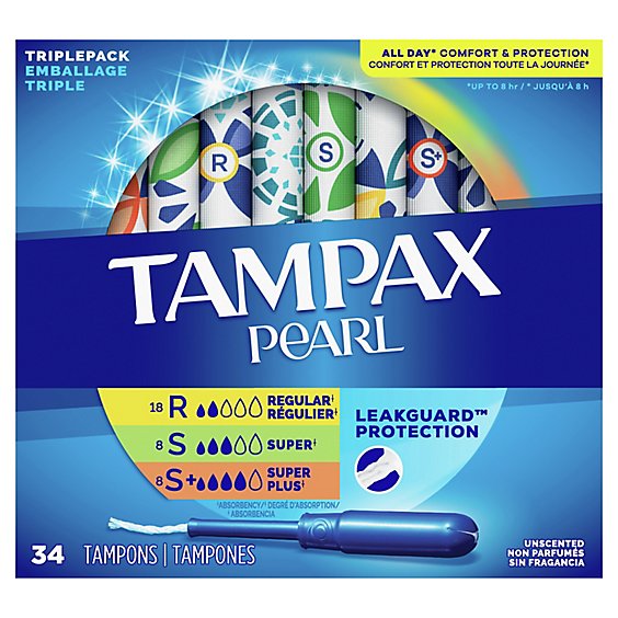 Tampax Pearl Regular Super Super Plus Absorbency Unscented Tampons Trio Pack - 34 Count