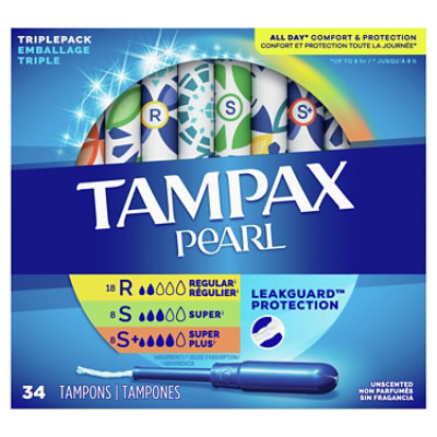 3 Tampax Pearl, Tampons, Triple Pack, Super/Super Plus/Ultra Absorbency,34  Count