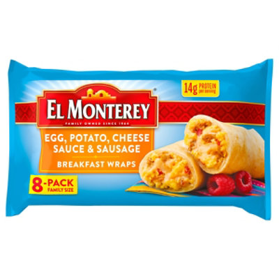 El Monterey Breakfast Wraps Egg Potato Cheese Sauce & Sausage 8 Count - 28.8 Oz