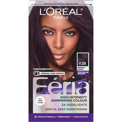 L'Oreal Paris Feria Shimmering Permanent Hair Color V28 Midnight Violet (Deepest Violet) Kit - Each