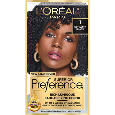 L'Oreal Paris Superior Preference Fade-Defying Permanent Hair Color 1.0 Ultimate Black Kit - Each - Image 1