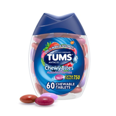 Tums Antacid Tablets Chewable Extra Strength 750 Assorted Berries Chewy Bites - 60 Count