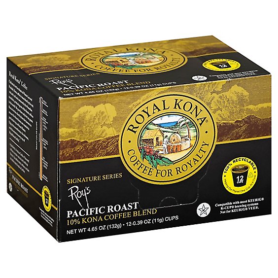 Royal Kona Coffee Blend 10% Kona Single Serve Cups Pacific Roast - 12-0.39 Oz