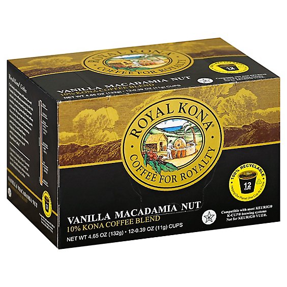 Royal Kona Coffee Blend 10% Kona Single Serve Cups Vanilla Macademia Nut - 12-0.39 Oz