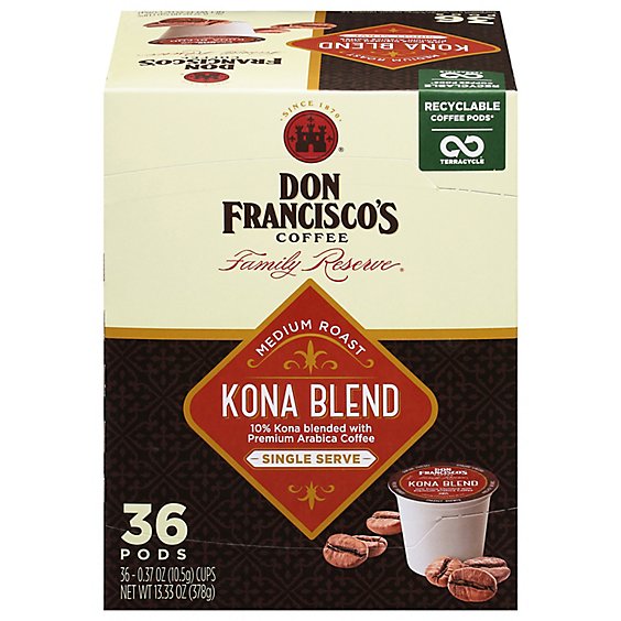 Don Franciscos Coffee Family Reserve Coffee Single Serve Medium Roast Kona Blend - 36-0.37 Oz