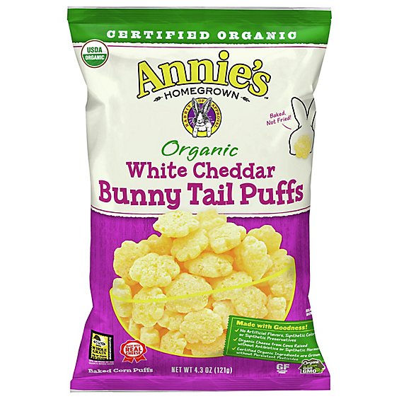 Annies Homegrown Baked Corn Puffs Organic White Cheddar Bunny Tail - 4.3 Oz