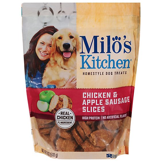 Milos Kitchen Dog Treats Home Style Chicken & Apple Sausage Slices Pouch - 18 Oz