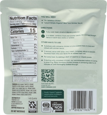Simply Organic Simmer Sauce Mild Taco for Chicken Pouch - 8 Oz - Image 5