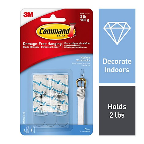 3M Command Wire Hook 2 Clear Hooks With 3 Clear Strips Medium - Each