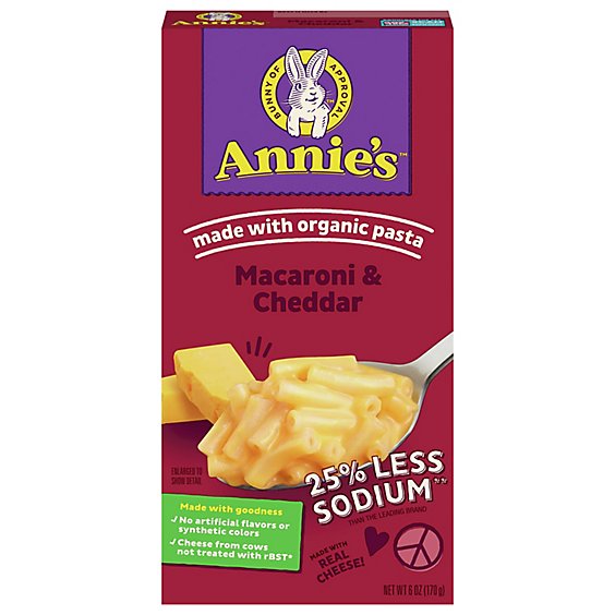 Annies Homegrown Macaroni & Cheese 25% Less Sodium Classic Mild Cheddar Box - 6 Oz