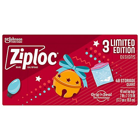 Ziploc Seal Top Bags Holiday Limited Edition Quart Storage 7x7 Inch - 48 Count